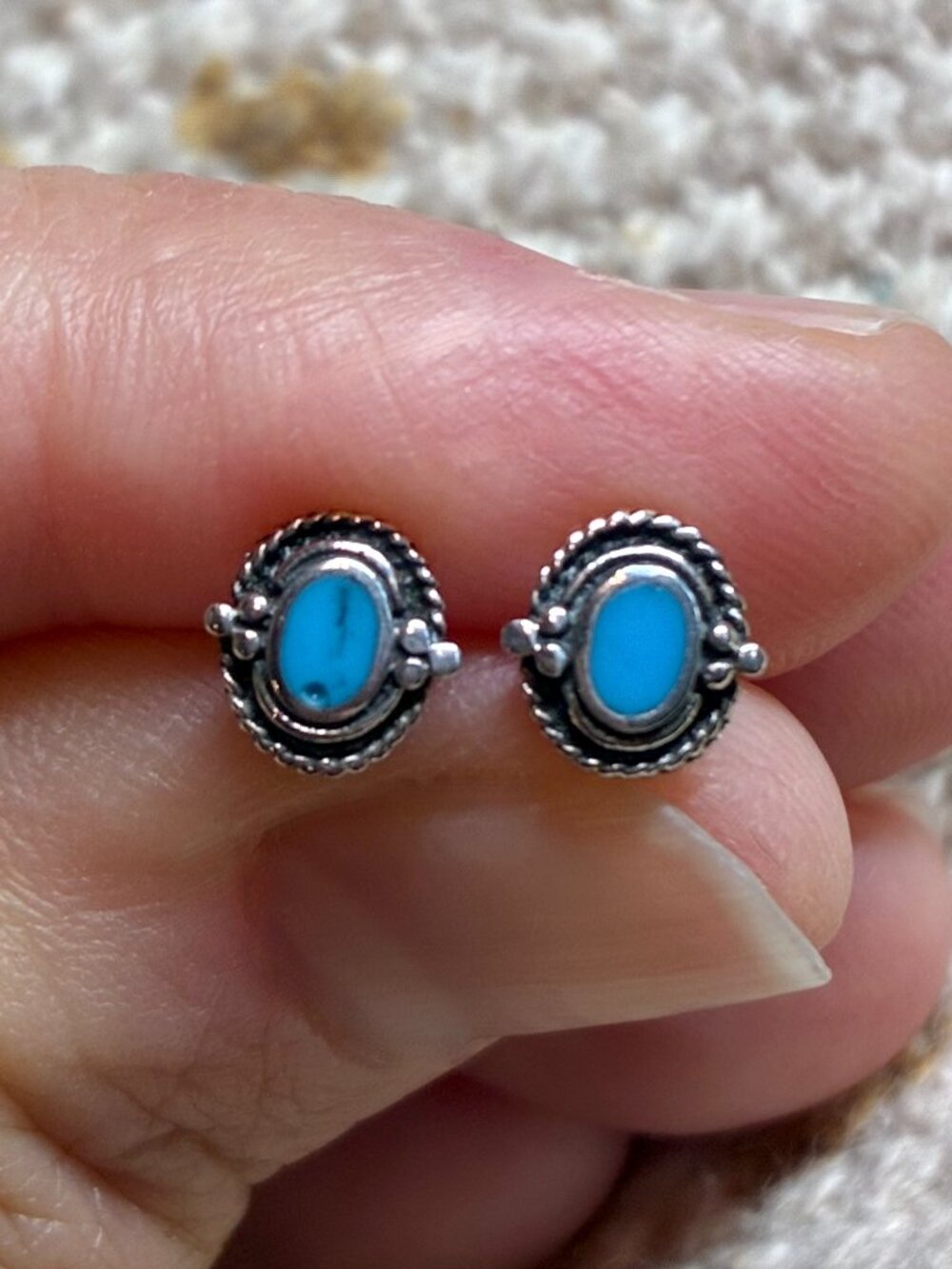 Vintage 925 Sterling Silver Turquoise Oval Stud Earrings • Southwest Minimalist